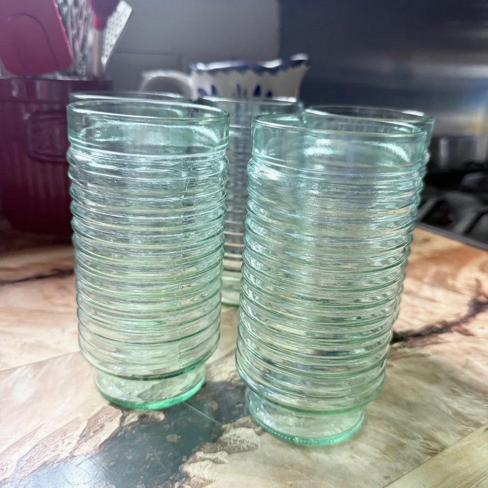 VTG 70s Peill & Putzler Green Ribbed Glass Tumblers - German Art Glass Set of 5